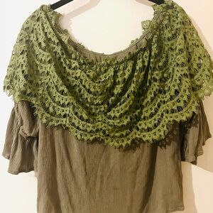 Rosette - Olive Green Lace Overlay Women's Top